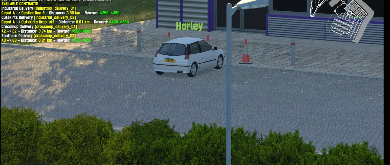 Aussie Cruise contract list displayed in Live for Speed beside a parked white hatchback